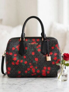 Michael Kors Duffle Satchel Wallet Set Black Red Floral Large